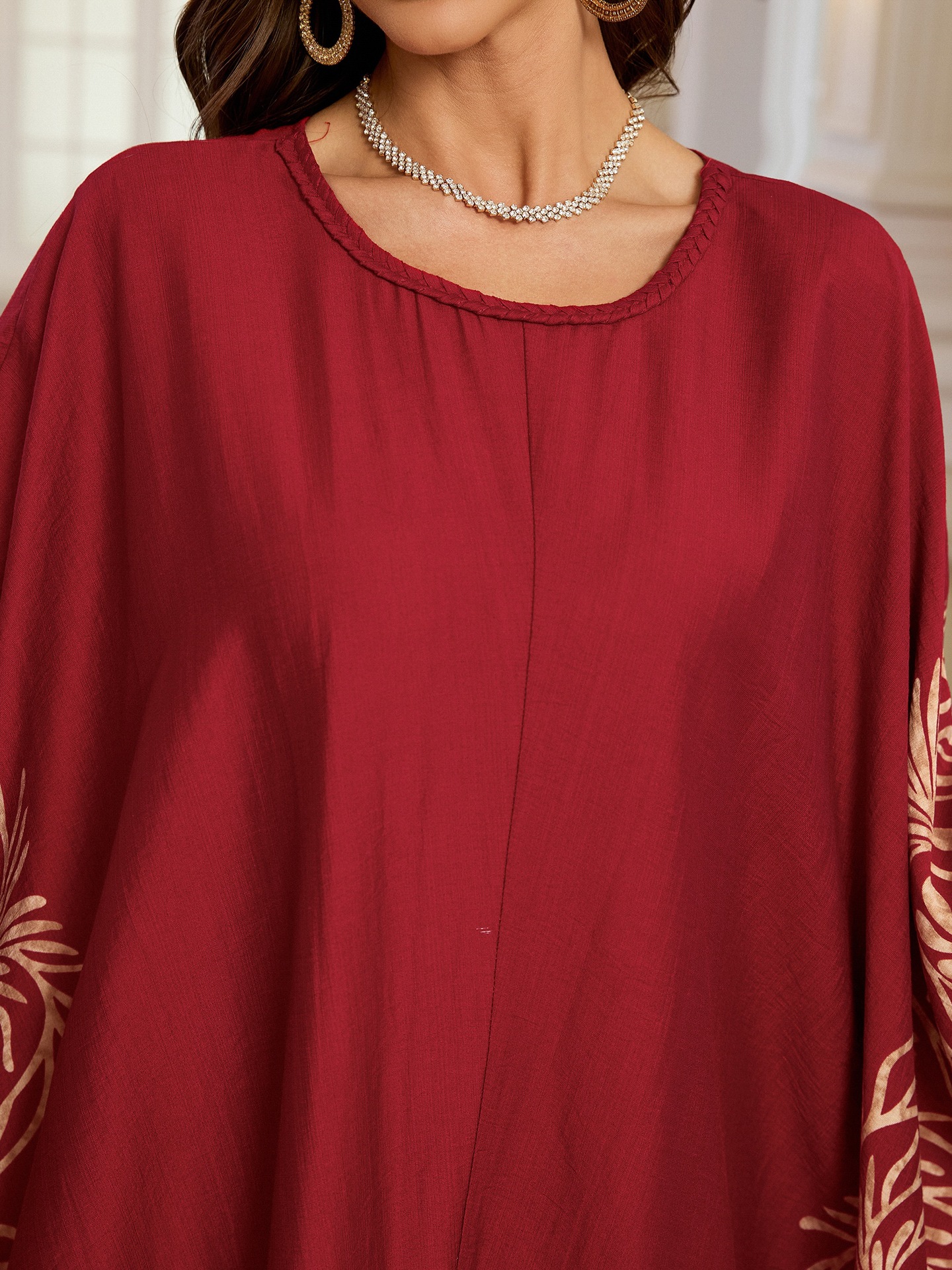 Geometric Pattern Kaftan Maxi Dress with Long Batwing Sleeves for Beach Cover Up